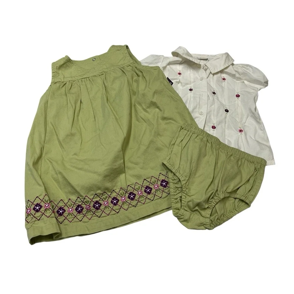 Vintage Gymboree Jumper Dress Green Codury Floral Emboridered S 3Y 3PC Blouse